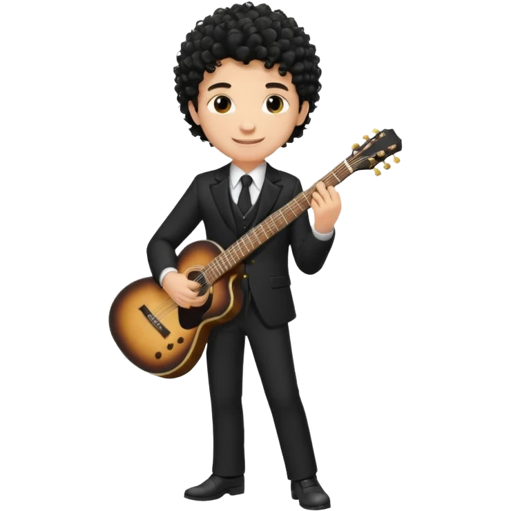 A white boy with black fade curly hair Smiling and holdijg a guitar in a black suit  emoji