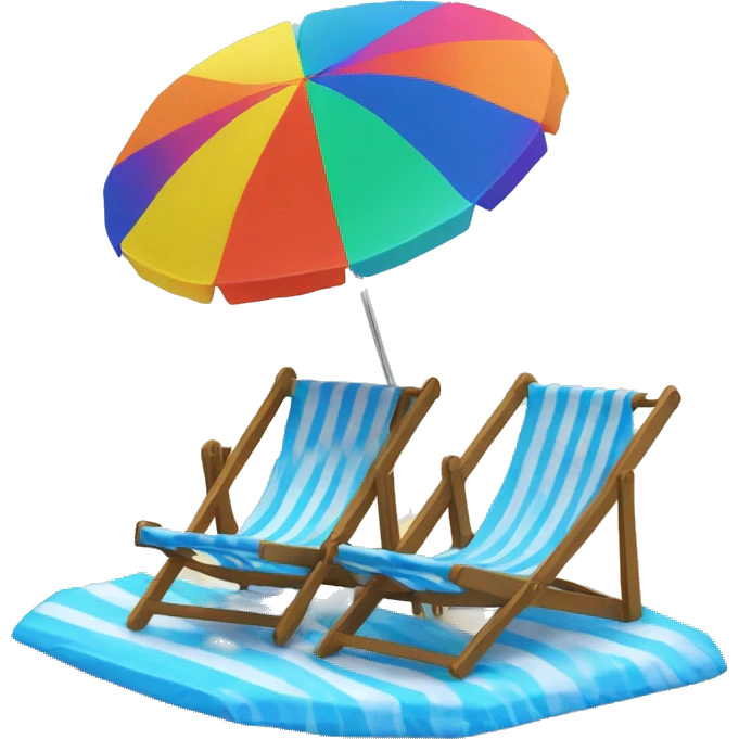 Beach umbrella with two beach chairs and a beach ball facing the sea emoji