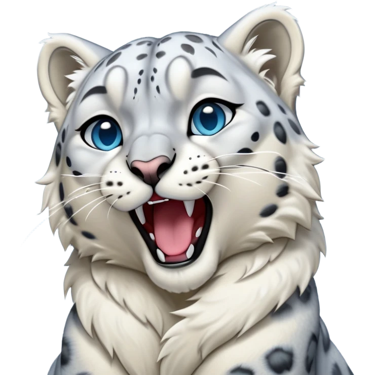 Cinematic-Cute-Yawning-Snow-Leopard-Portrait-Emoji – Head tilted slightly with a dramatic, wide-open yawn, revealing a plush white-and-grey coat with dark rosettes, fluffy ears slightly twitching, round icy blue eyes barely open in drowsy contentment. emoji