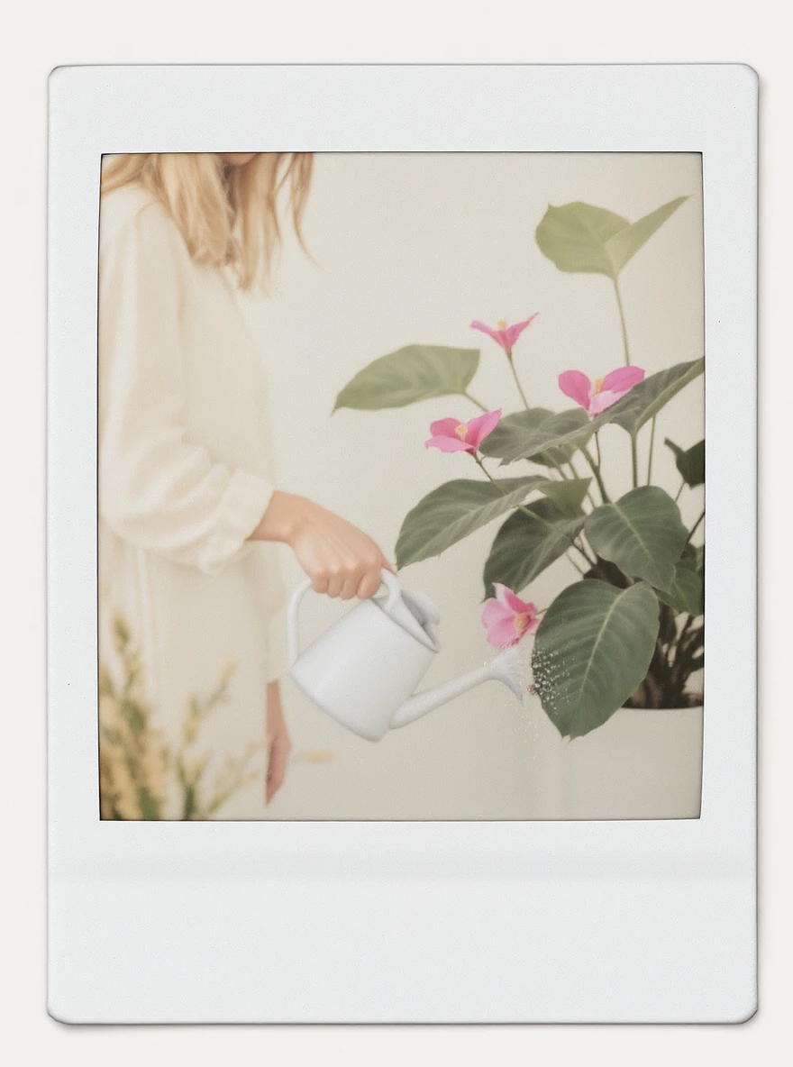 woman watering her monstera plant emoji