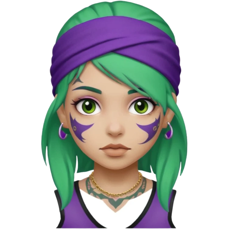 green hair with purple head bandana and lots of face tattoo girl emoji