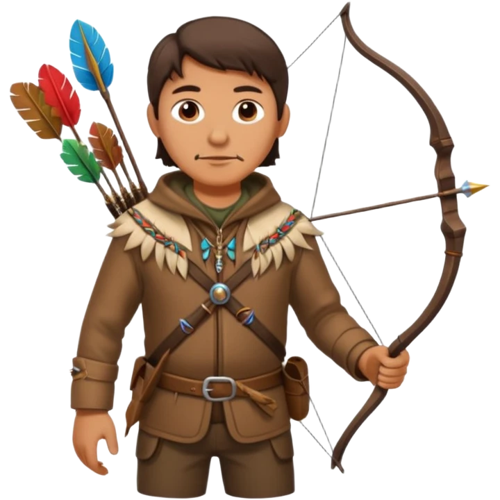 A classic middle-aged hunter, carrying a bow and arrow, dressed in brown clothes, and adorned with decorations made of feathers or bone teeth
 emoji