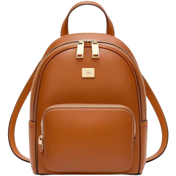 small cognac commuter leather backpack purse, women's, minimal aesthetic, plain, fashionable emoji