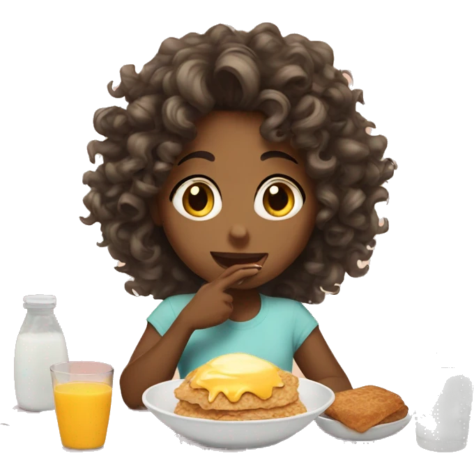 Girl eating breakfast curly hair emoji