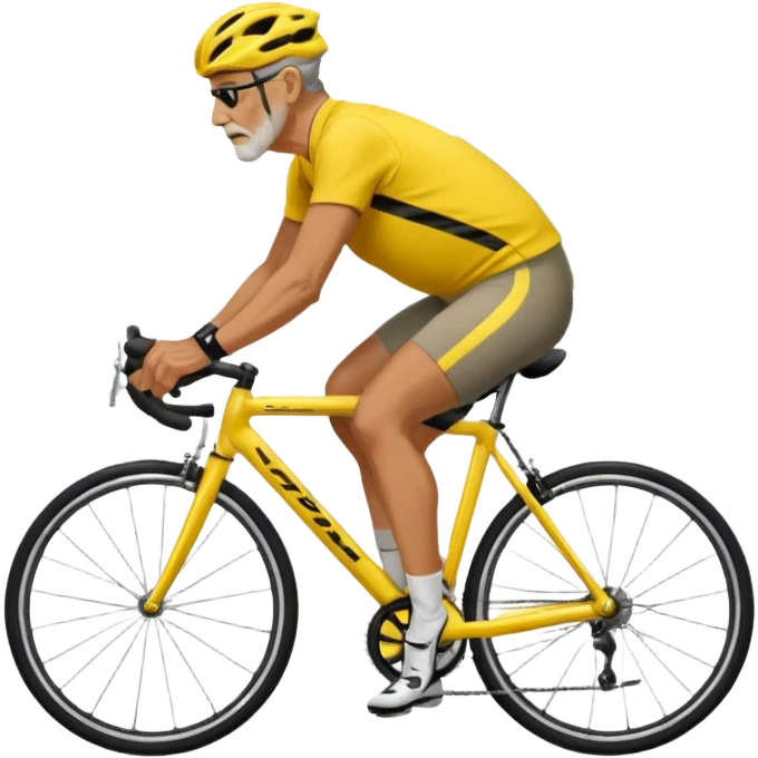 60-year-old man, about 225 lbs, in loose cycling clothes, yellow and black top, straddling grey road bike, graphic design with background as a road with trees emoji
