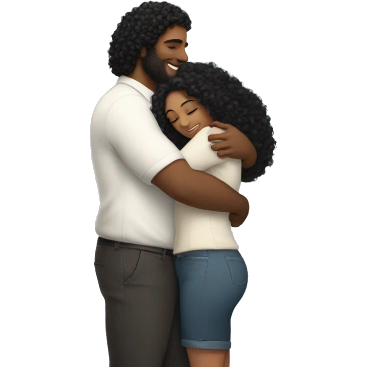 woman with long black curly hair hugs a tall broad man tightly emoji