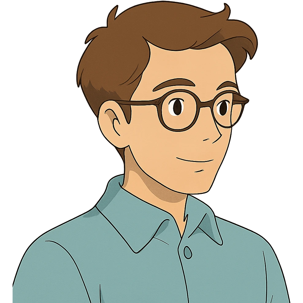 ghibli style male with glasses, French cut hairstyle, brown hair emoji