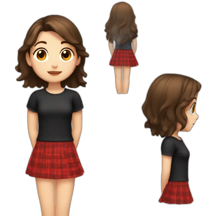 2d girl with brown hair and brown eyes a black shirt and a red checked skirt sitting emoji
