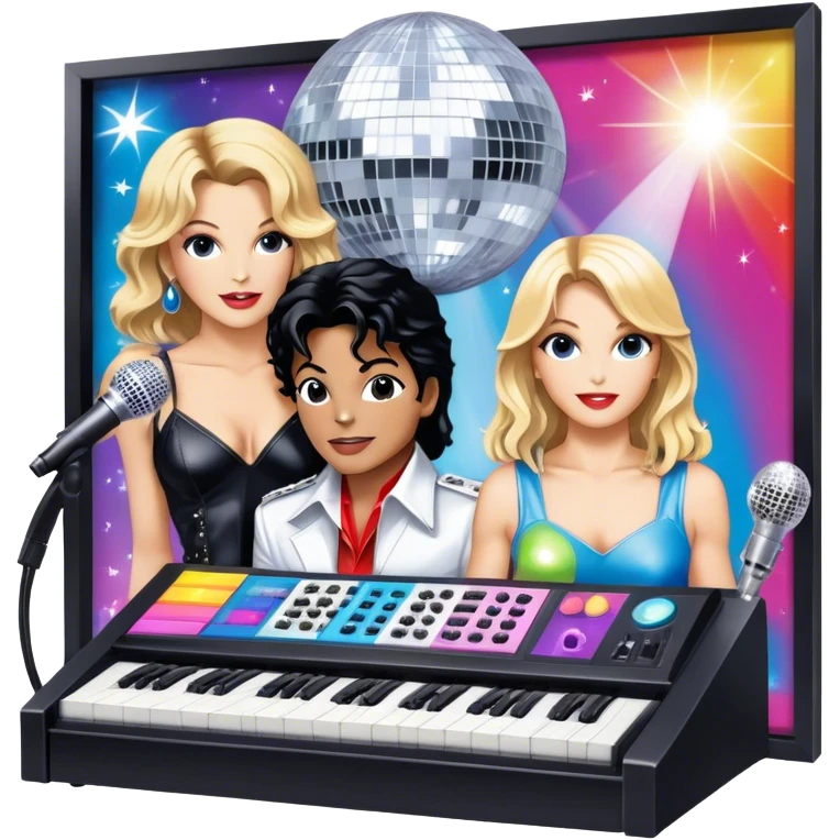 Pop music icon: vibrant stage with bright lights, microphone, synthesizer, disco ball. Collage of famous pop artists—Michael Jackson, Madonna, Britney Spears, and Taylor Swift—symbolizing iconic eras. Energetic and dynamic. Transparent background. emoji