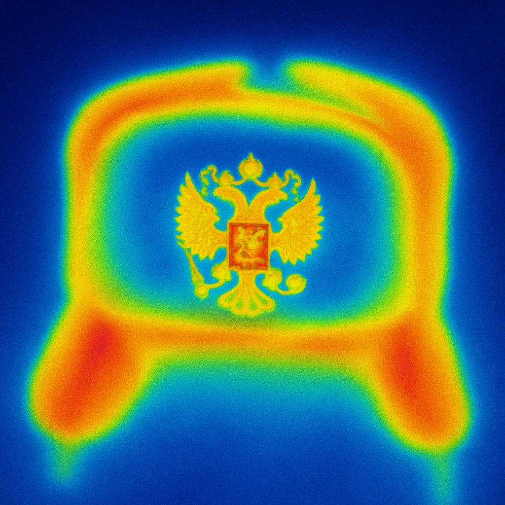Russian hat ushank with the coat of arms of Russia, with background, thermal camera style emoji