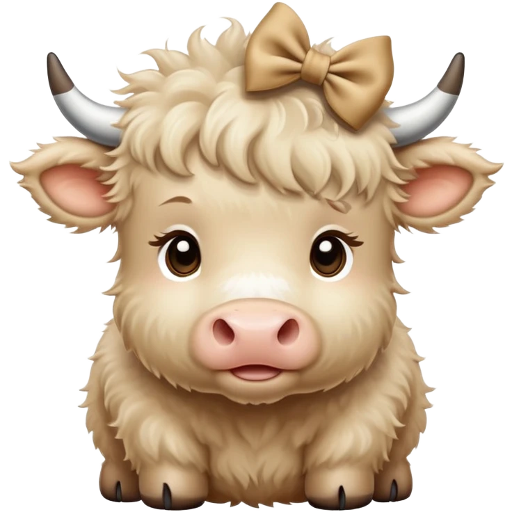 Beige fluffy baby scottish cow with a small bow on head beige emoji
