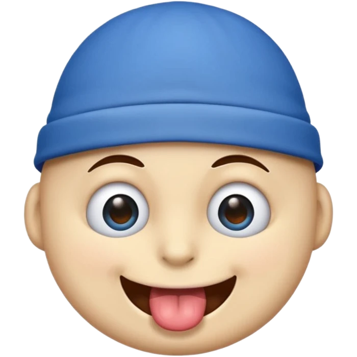 An emoji with a blue hat on its head and 1 blink and tongue sticking out emoji
