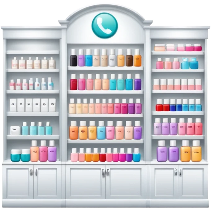 big beauty salon showcase with well-organized brand-labeled beauty products on a white shelves emoji