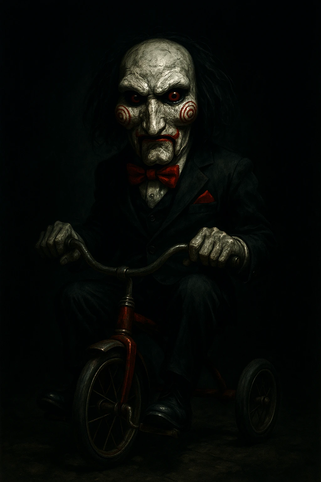 Saw puppet, horror movie character, detailed, menacing expression, red spirals on cheeks, black suit, red bow tie, tricycle, dramatic lighting emoji
