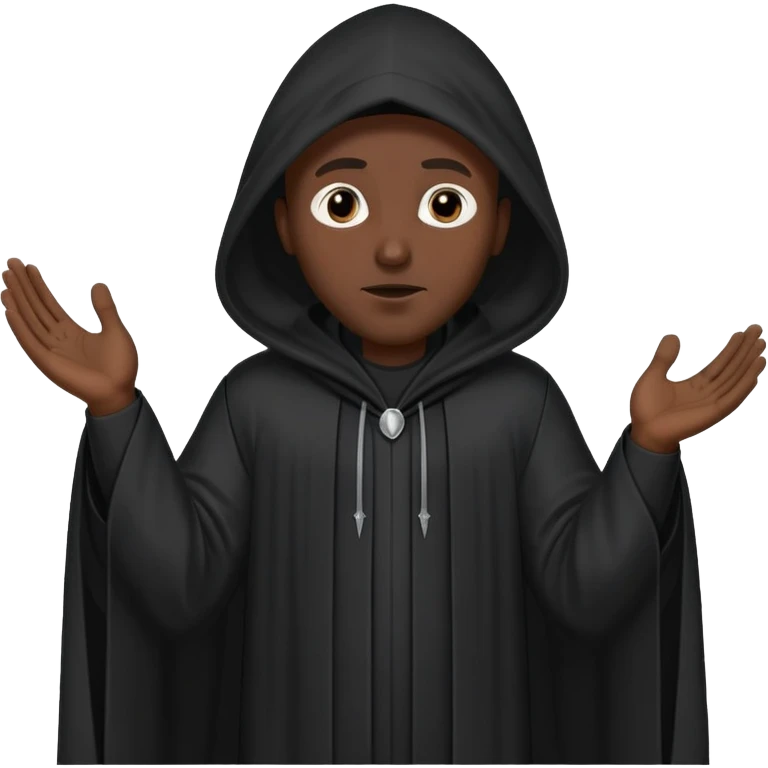 Black man wearing a long black robe with a tall pointed hood, face fully covered except for two small eye holes, standing confidently with hands gesturing in conversation. emoji