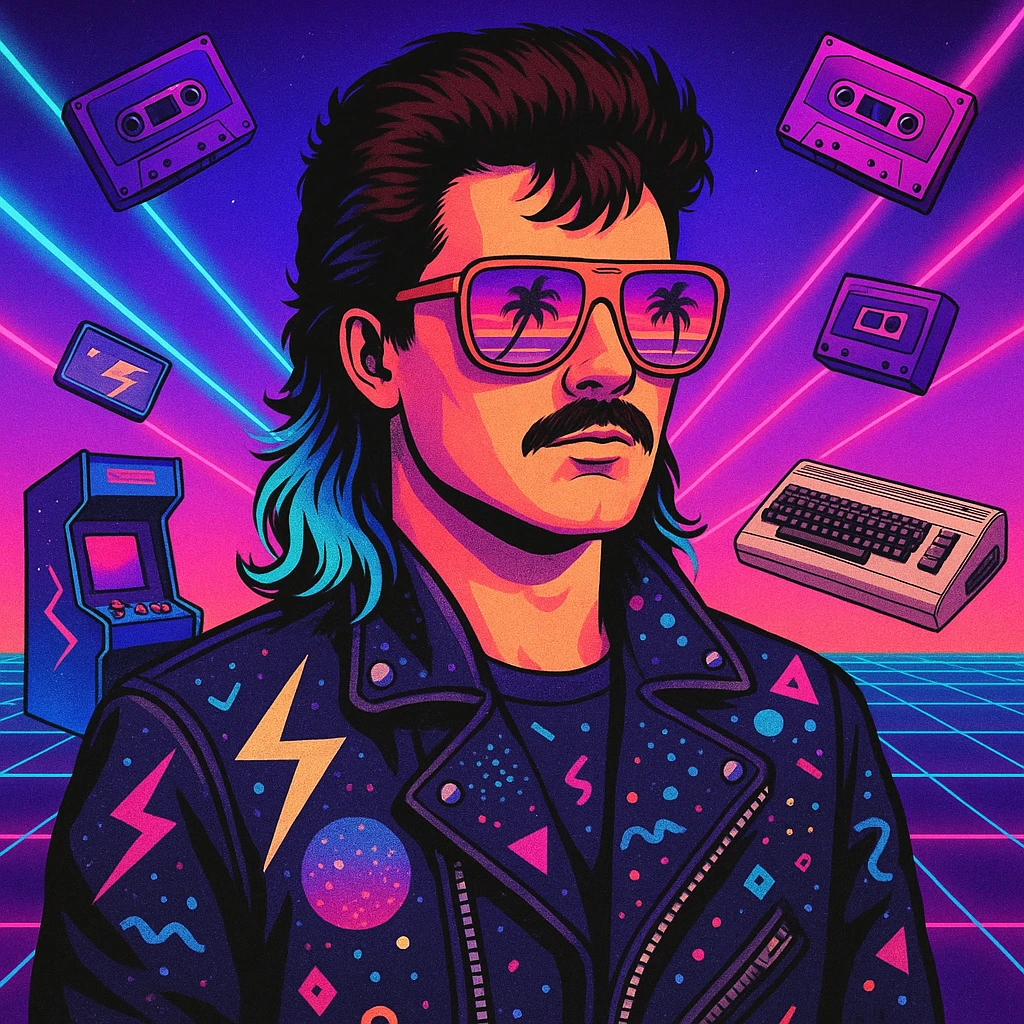 retro-futuristic 80s man with mullet hairstyle with neon blue ends, airbrushed sunglasses with pink to violet gradient and palm/sunset reflection, leather jacket with lightning, cosmic, and Memphis Design elements, neon gradient background with perspective grid, laser beams, cassettes, arcade games, Commodore 64, electric blue, fuchsia, turquoise, ultraviolet colors emoji