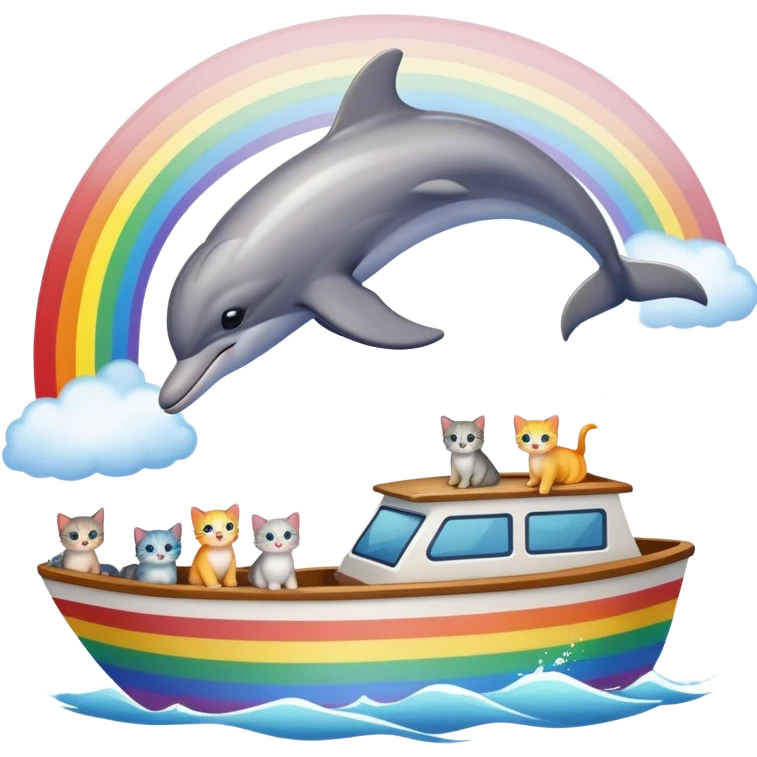 A dolphin jumping overa rainbow while a boat full of kittens passed through it  emoji