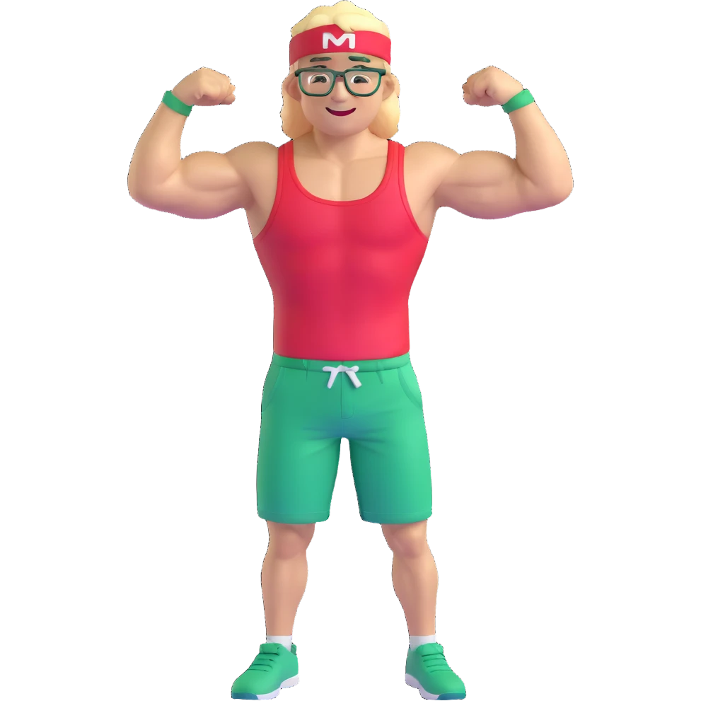 Man with black and white cap, bare muscular torso, red shorts, clear glasses, messy light blond mullet hairstyle, flexing and smiling emoji
