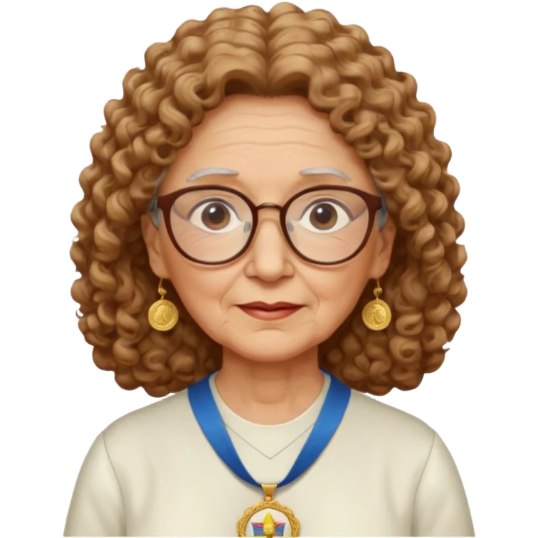 Una abuela con el pelo rizado con el pelo moreno claro , con gafas, siempre va con blusa de un color clarito y siempre va con una medalla de la virgen del pilar. Su piel de color piel. emoji