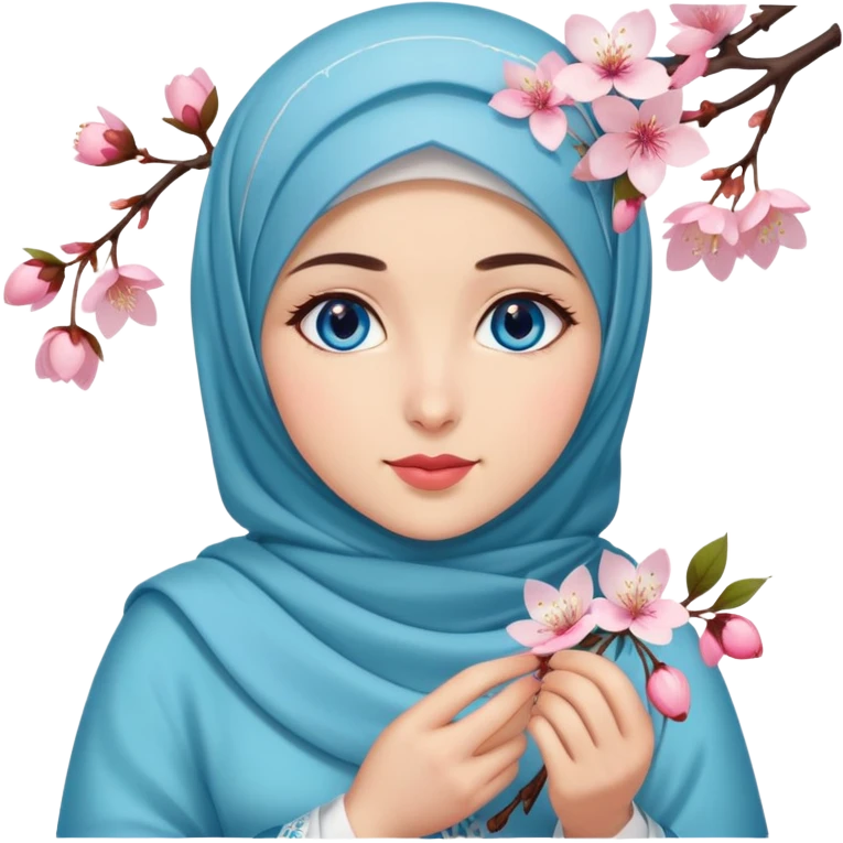 Turkish beautiful finish Konya girl blue eyes with hijab islamic dress and had on her hand cherry blossom emoji