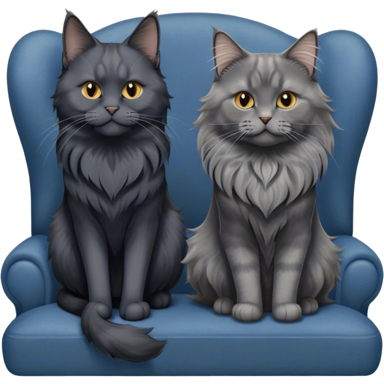 Portrait of a black smoke Maine Coon cat with long grey ear tufts, alongside a British Shorthair cat with a solid blue coat on sofa. Both cats with detailed fur textures and playful expressions. Soft, elegant background of room with warm, natural tones. Transparent background. emoji