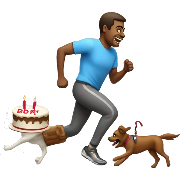 Happy man running a sprint with a birthday cake and walking his dog at the same time emoji