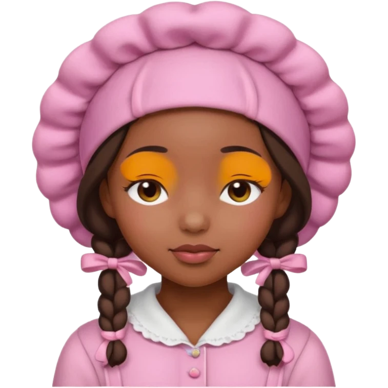 black girl with eyes closed wearing a pink bonnet inspired by Apple emoji style emoji