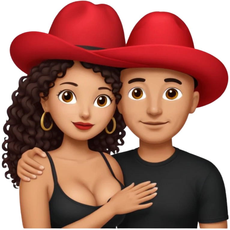 A picture of an embracing tanned couple. the man is a Mexican man with tanned skin, with a bald hair cut wearing a red hat and wearing a black shirt. the woman is mixed, with glasses,  with long curly dark brown hair and with big boobs. Remove the glasses from the guy emoji