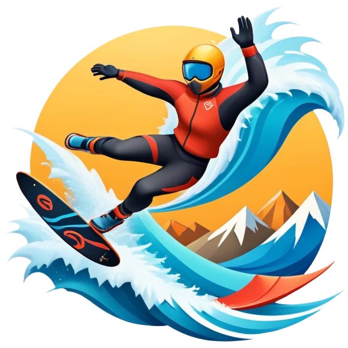 An emblematic symbol featuring a stylized figure in mid-action, representing extreme sports. The design incorporates dynamic lines and bold shapes, with elements like mountains, waves, and flying objects, capturing the thrill and adrenaline of various extreme sports in a single, unified icon. emoji