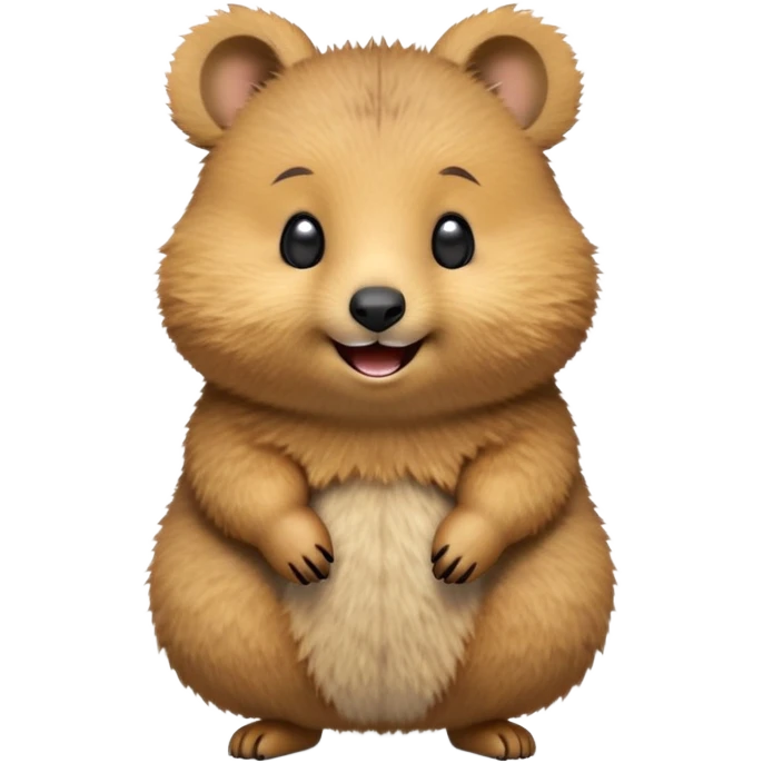 cinematic-realistic quokka-emoji,-small-round-frame-balanced-on-tiny-strong-hind-legs, head tilted in an endearing manner, comical smil, giant-fluffy-cheeks-large-smile-fluffy-brown-fur-radiating-a-warm-softness,-big-round-eyes-filled-with-joy, realisticround  fluffy zoomed in, large black eyes emoji