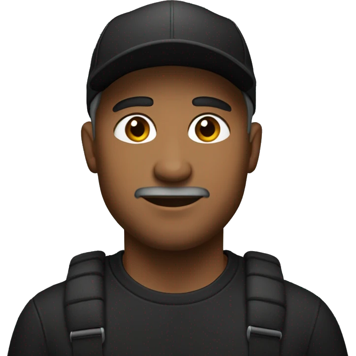 Man in black cap and black t-shirt, short grey bread emoji