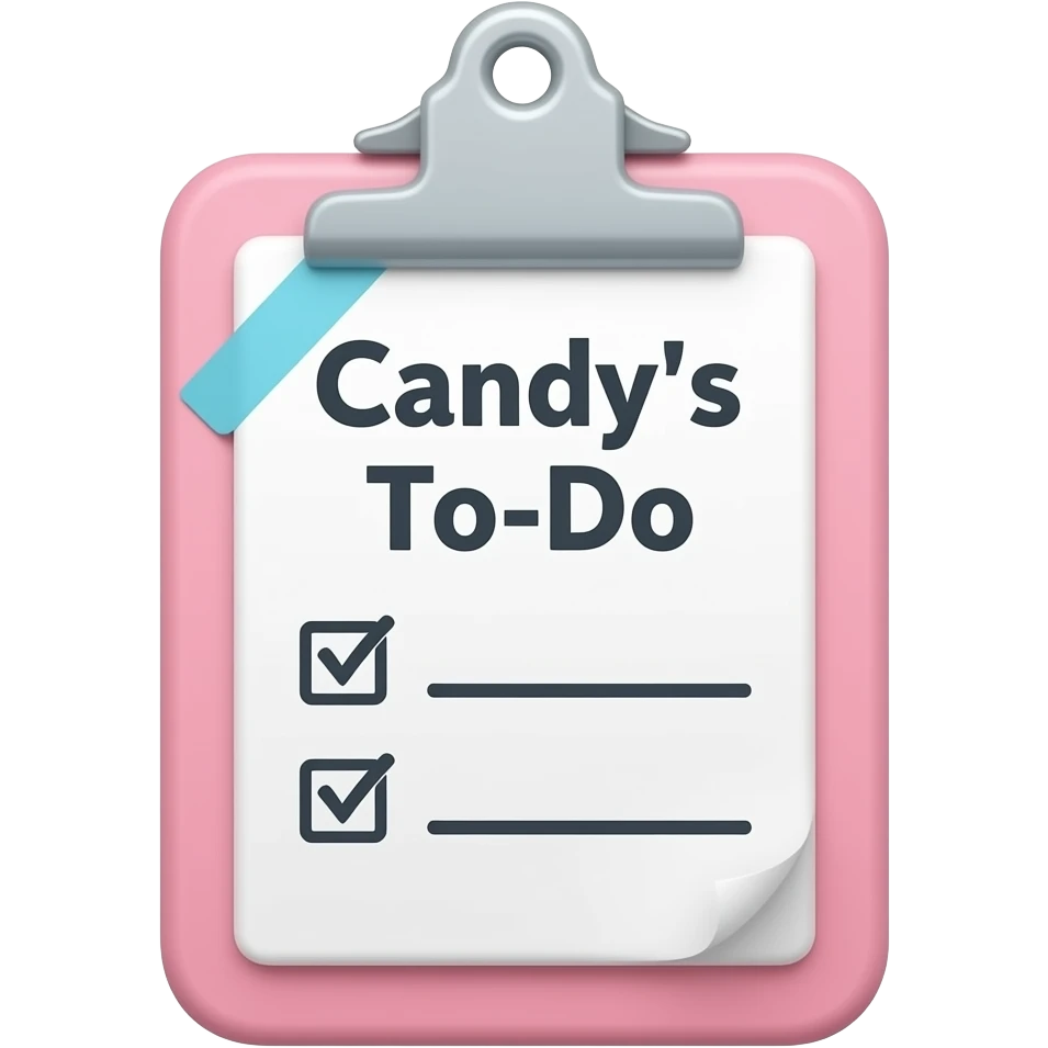 cute clipboard to-do list with Candy's To-Do as the title and two items checked off emoji