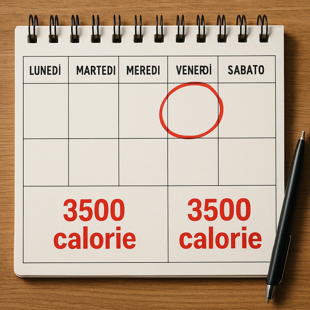Hyperrealistic top-down view of a weekly calendar in Italian, showing days from Monday to Sunday. Friday is circled in red. Below both Saturday and Sunday, the text '3500 calorie' is in red and bold. The scene has 4K details and a desk atmosphere. emoji