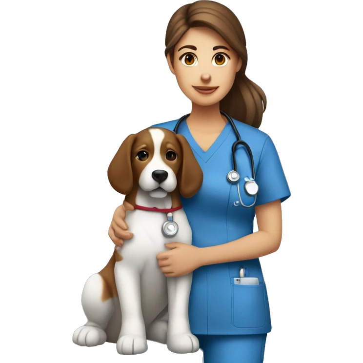 Nurse with long beautiful brown hair in blue scrubs wearing stethoscope with dog sitting next to her  emoji