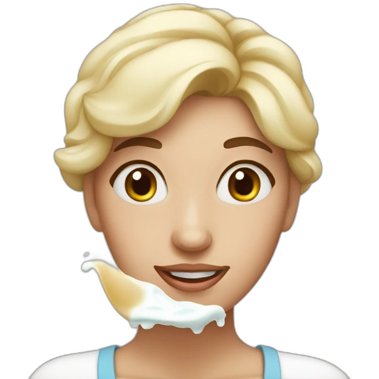 Woman with milk spilled on her face with satisfactory expression emoji