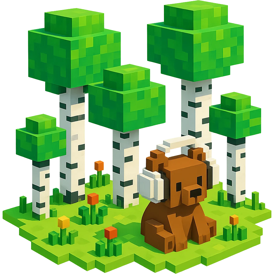 березовый лес, в котором сидит бурый медвежонок в белых наушниках (наушники должны закрывать уши медведя), no background  emoji