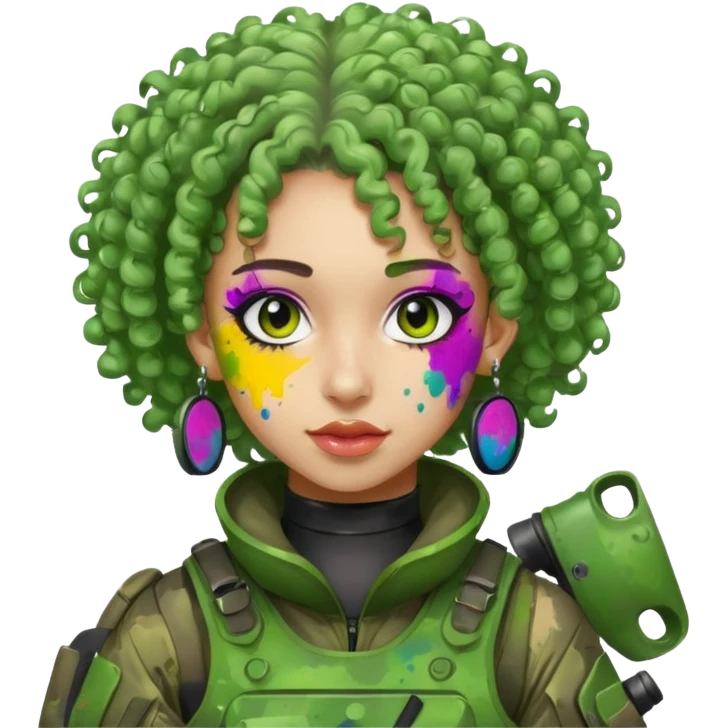 green curly haired painitball player with big earrings guy shot with lots of colors emoji