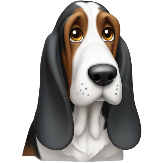 Basset hound with droopy eyes who is going grey and his face is black and brown  emoji