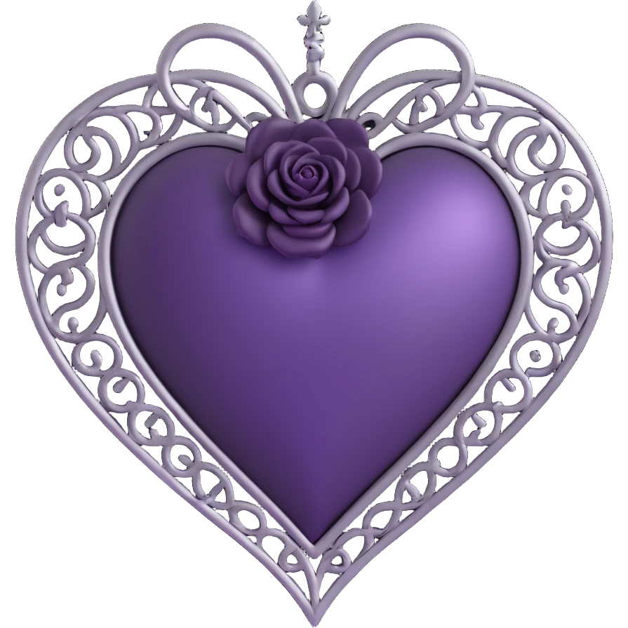 gothic heart, deep purple satin, silver filigree, black rose accent, elegant and moody emoji