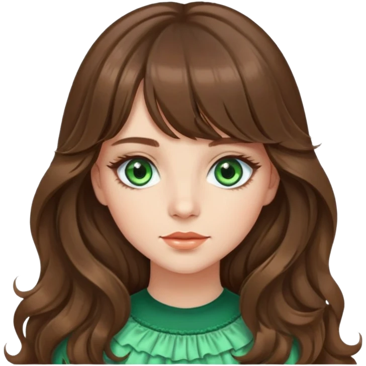 Girl with long brown wavy hair and curtain bangs and green eyes with long lashes emoji