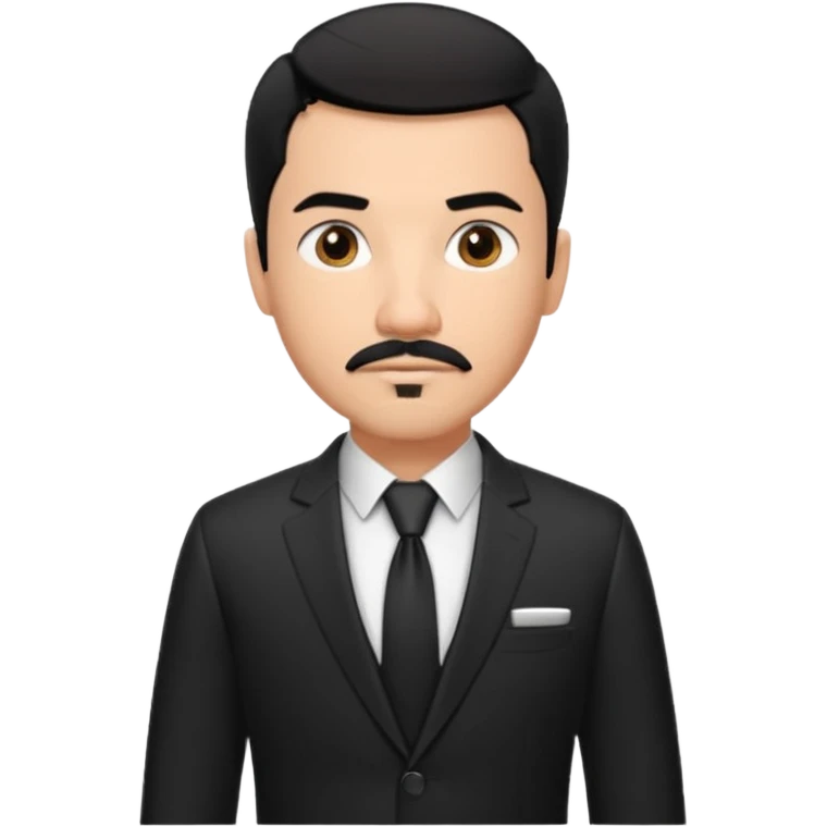 Roupa: terno preto moderno e bem ajustado, com camisa social branca sem gravata (para dar um ar mais contemporâneo), cinto de couro preto e relógio prateado. Tom de pele: médio quente
Cabelos: curtos e bem penteados PRETOS
Rosto: com bigode e cavanhaque leve, expressão firme e confiante. PRETOS emoji