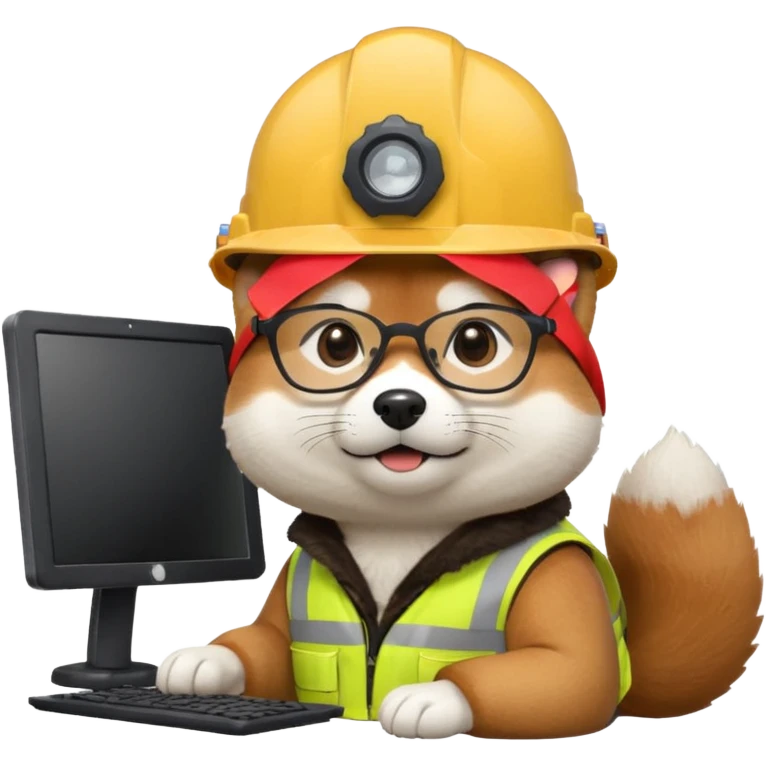 shiba inu with eye glasses and computer wearing a hard hat emoji