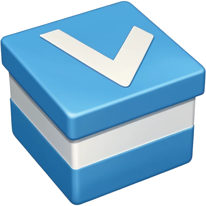 Blue box with a white check mark in the middle of the blue box that is a little bit tilted to the right and its 1 dimensional  emoji