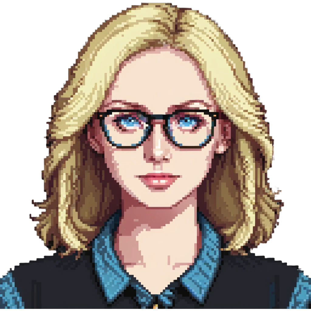 blonde 40 year old woman with blue eyes and glasses emoji