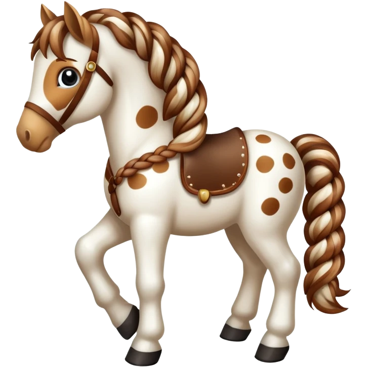 A spotted toy horse with braided mane and friendly expression emoji