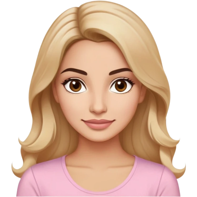 Puerto Rican actress in her early 30s with oval face, soft features, defined but not prominent cheekbones, sweet expression, large almond light brown eyes, well-defined medium eyebrows, straight nose, medium lips with fresh smile, long slightly wavy dark blonde hair, wearing a light pastel pink top emoji