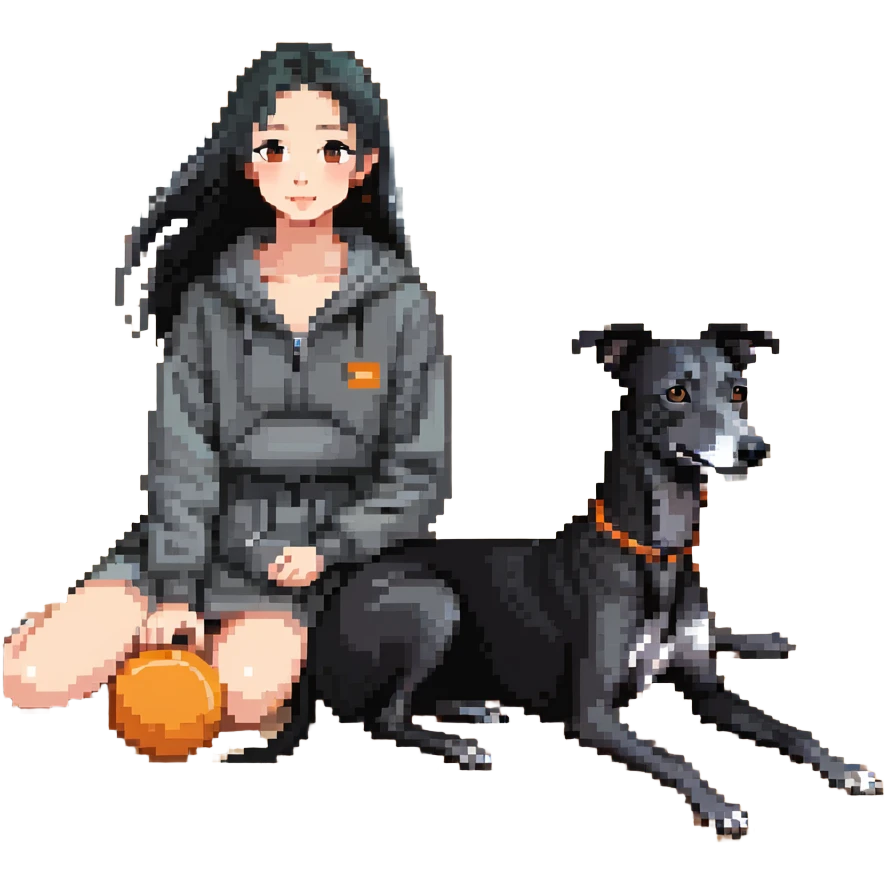 A very beautiful and attractive 25-year-old Japanese woman with long flowing black hair and a SOLID DARK GREY whippet sitting together on a beach during a beautiful sunset. The whippet MUST be COMPLETELY SOLID DARK GREY with ABSOLUTELY NO WHITE MARKINGS ANYWHERE - no white chest, no white face, no white paws, no white tip on tail - ENTIRELY ONE SOLID DARK GREY COLOR throughout the entire dog. Orange and red sunset sky over the ocean, sandy beach in the foreground. emoji