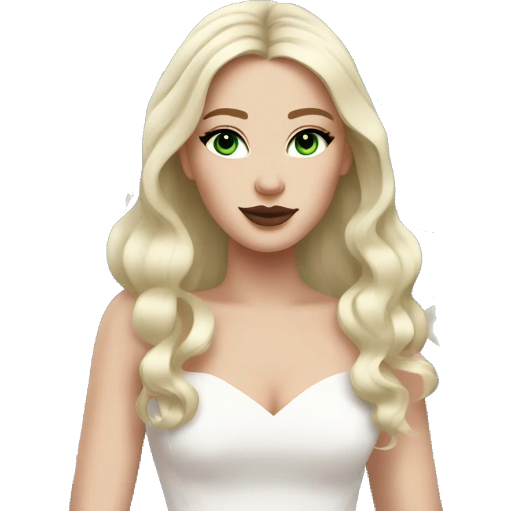 White bride with long light blonde hair and dark green eyes with light pink peonies in hair white skin and pink lips  emoji