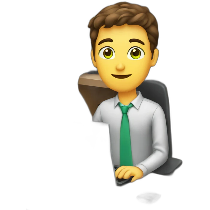 Brown hair green eye short hair male Developer sitting with a computer emoji