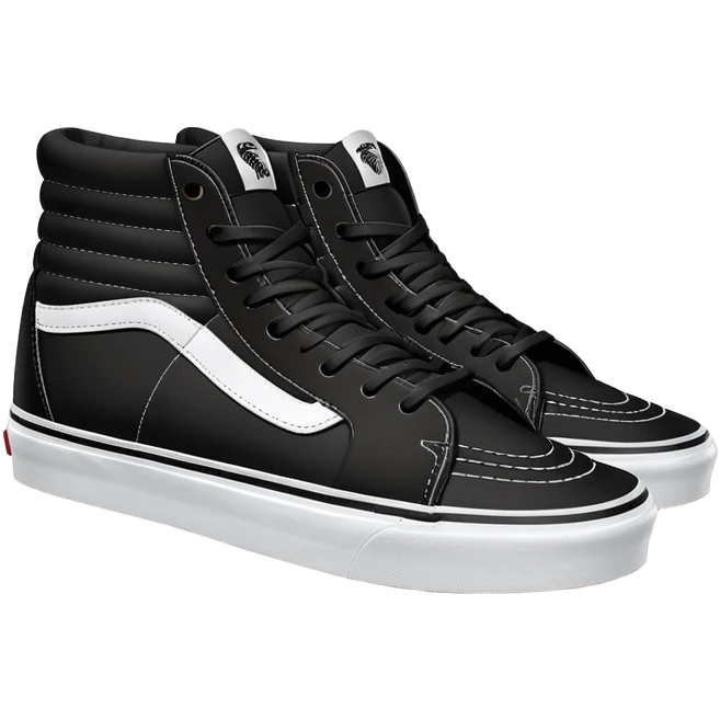 Clean minimalist iOS emoji style pair of black Vans Sk8-Hi high tops with one behind the other, simple forms, flat design, essential white stripe detail emoji